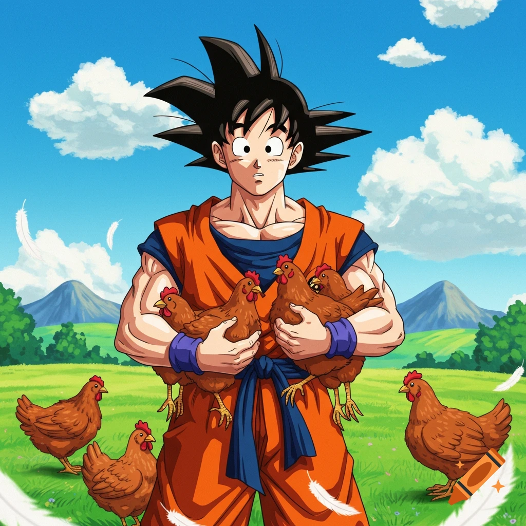 Goku from Dragon Ball Z holds several chickens in his arms in a grassy field.