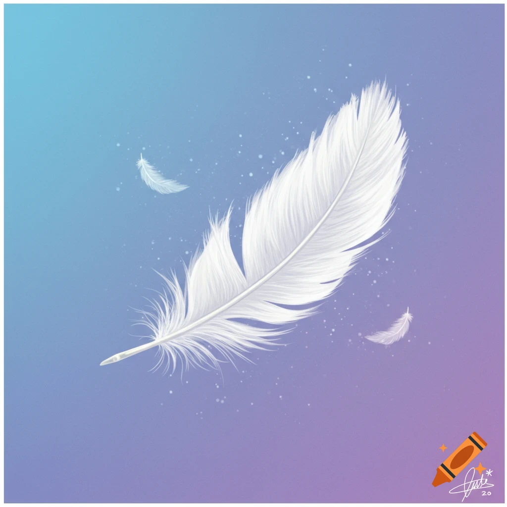A white feather floats on a blue and purple gradient background.