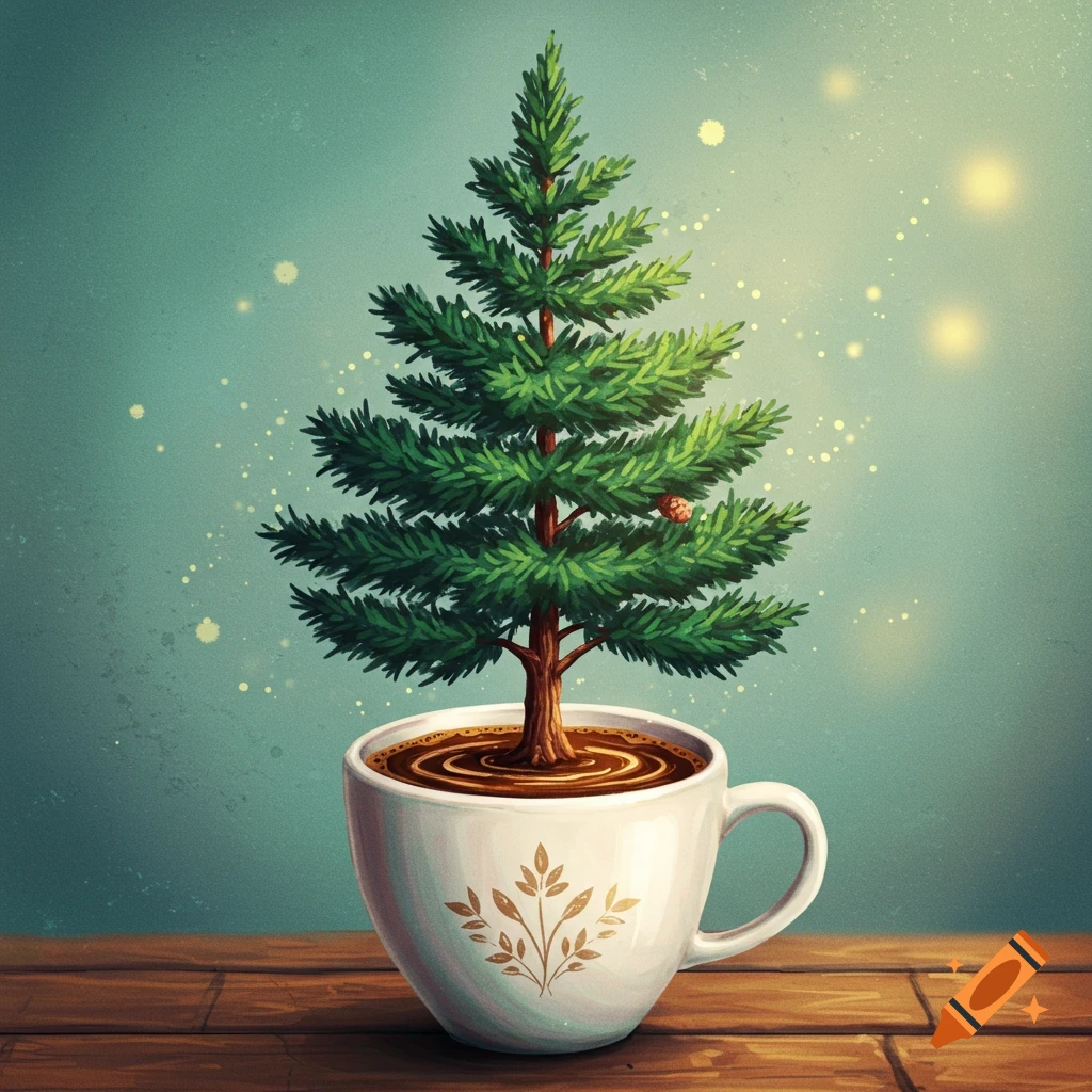 A Christmas tree growing out of a coffee cup on a wooden table.