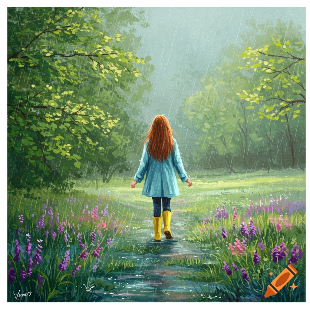 Painting of a girl in a blue coat and yellow boots walking in the rain through a field of flowers.