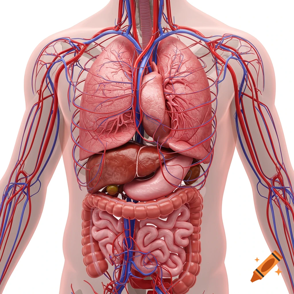 Anatomical illustration of human torso showing organs and circulatory system.