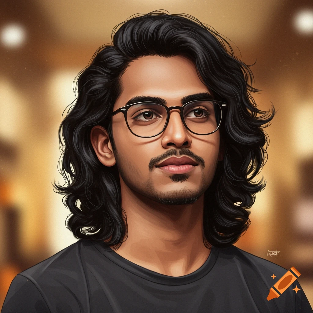 A young man with long black hair and glasses.