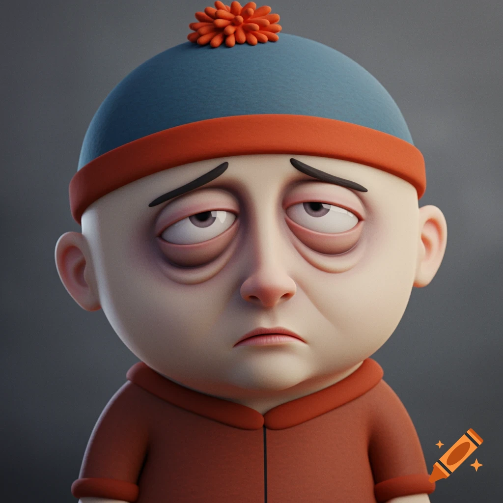 A 3D render of a character resembling South Park's Stan Marsh, looking extremely tired with droopy eyes and dark circles.