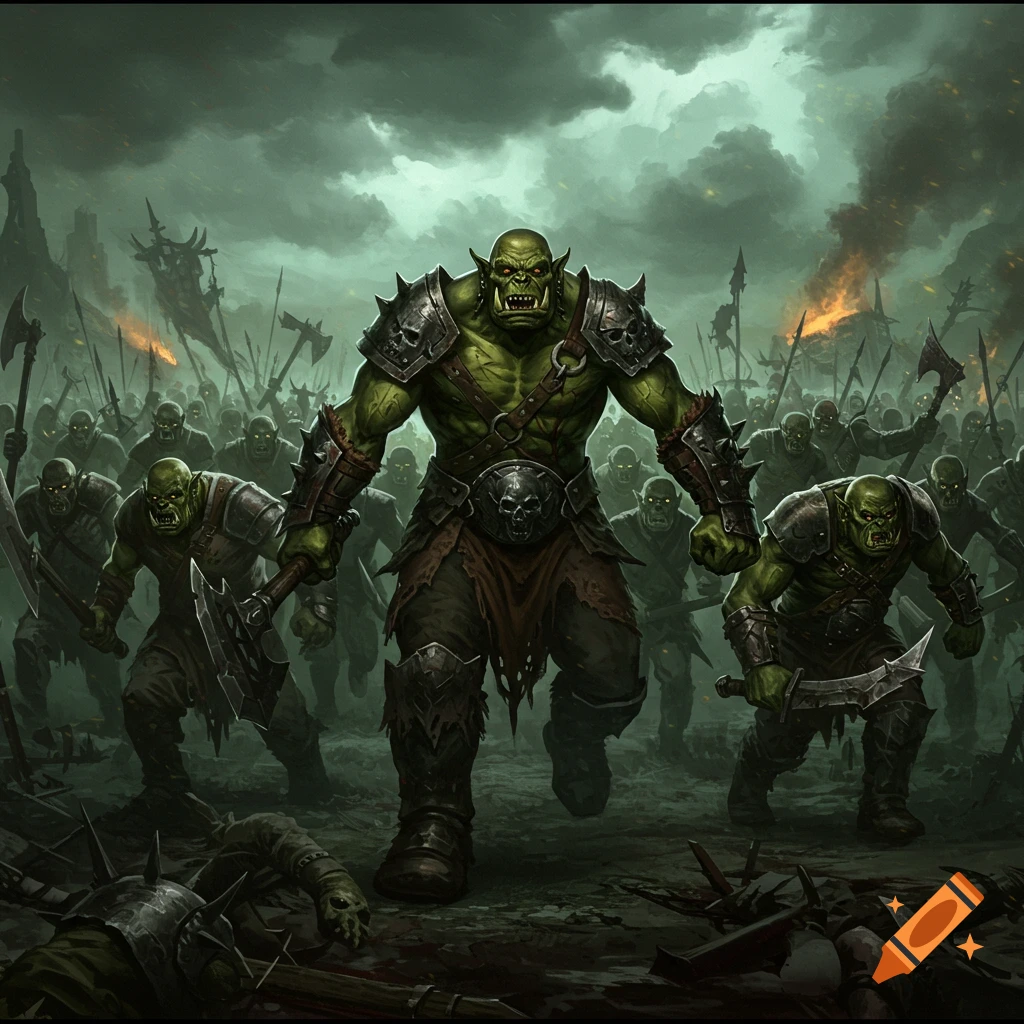 A horde of orcs marching forward into battle, surrounded by fallen enemies and smoke.