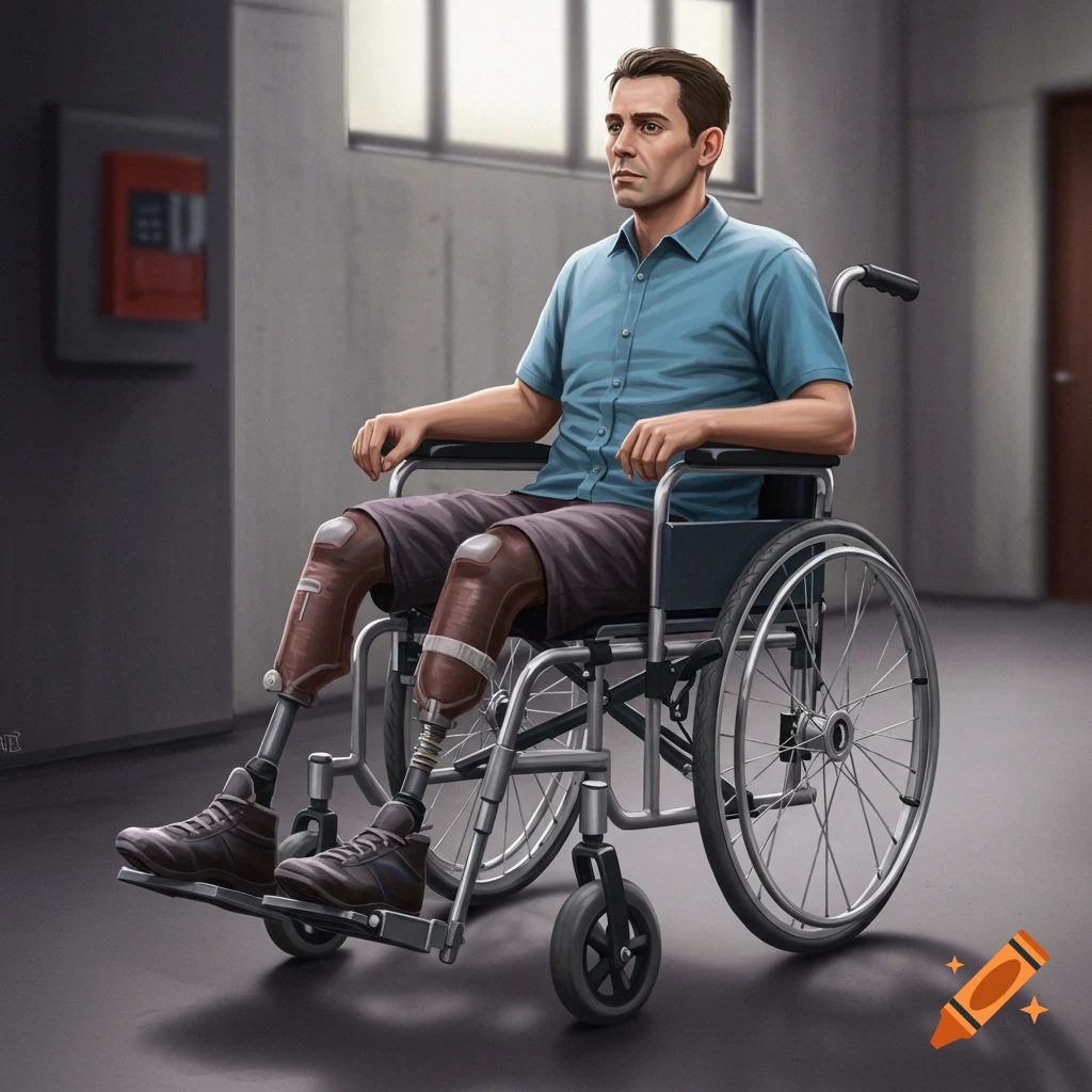 A man with prosthetic legs sits in a wheelchair in a room.