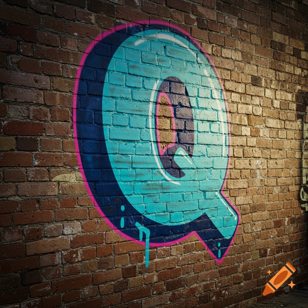 Graffiti letter Q in teal and pink on a brick wall