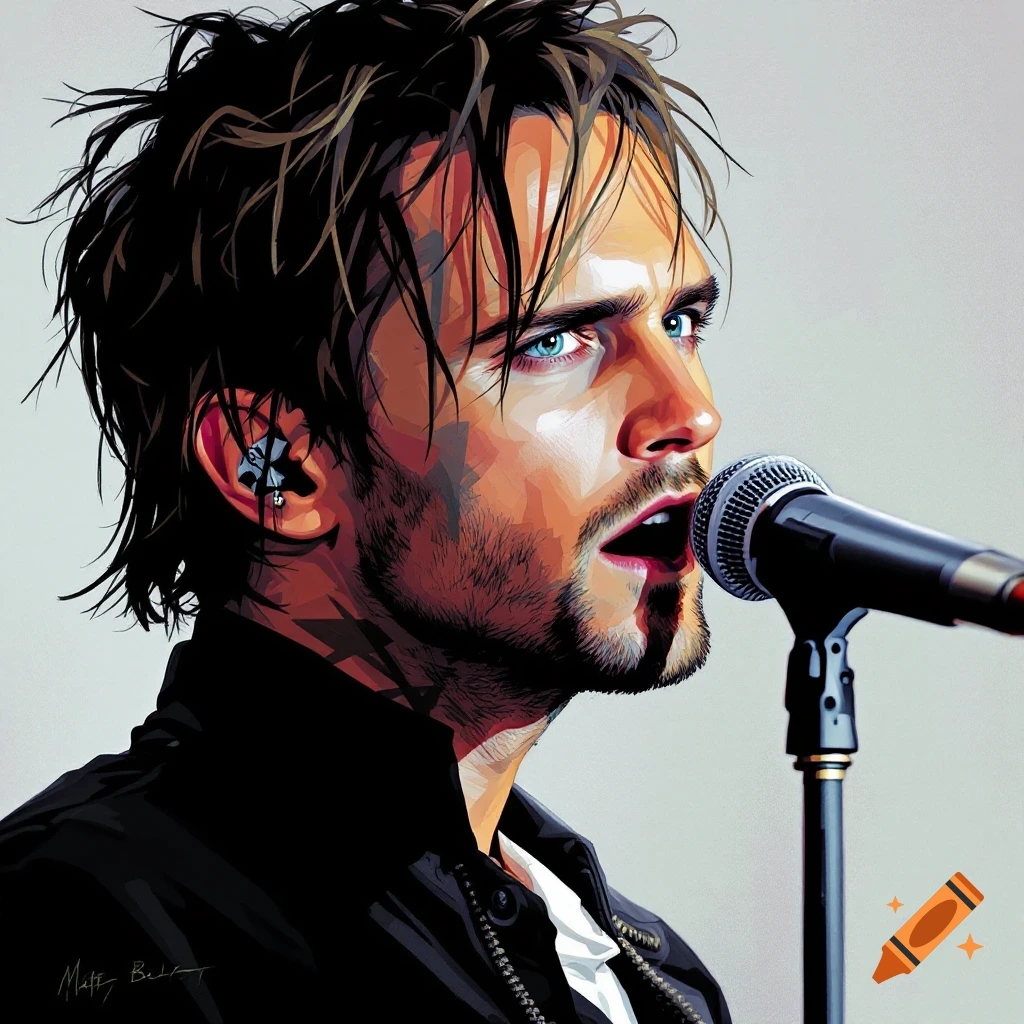 Stylized illustration of a man singing into a microphone.