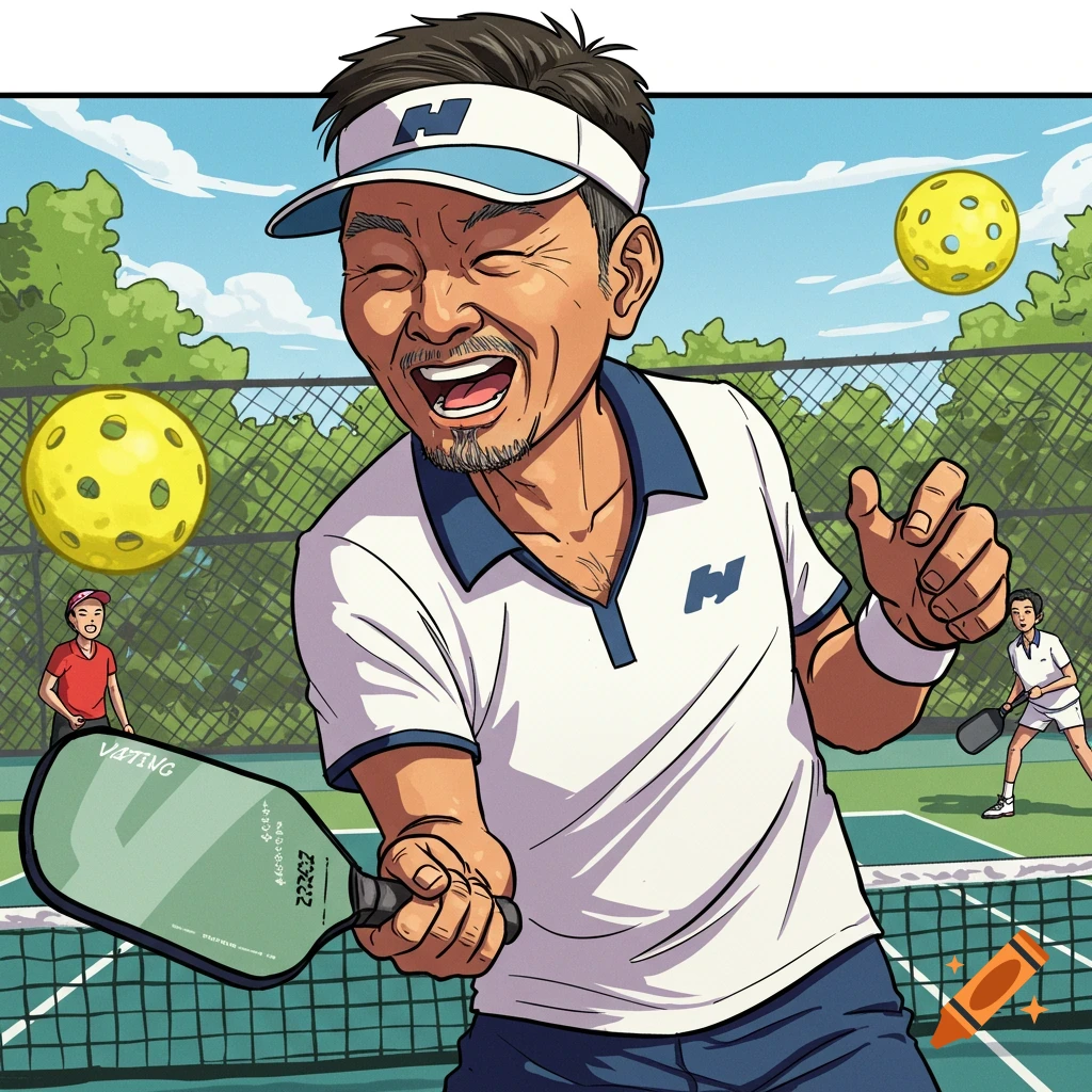 Smiling man hitting a pickleball with a paddle on a court.