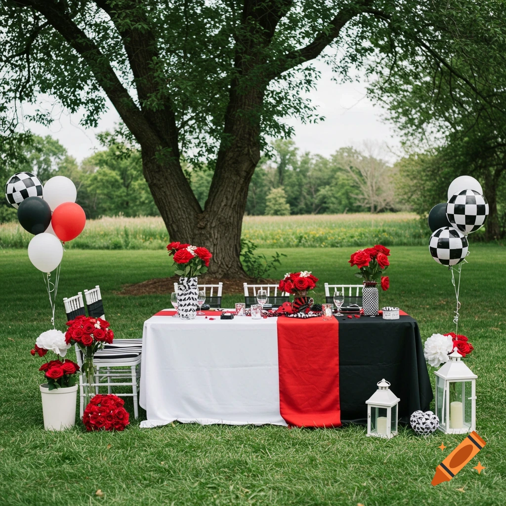Outdoor table setting with red, white, and black decorations, roses, balloons, and lanterns under a large tree.