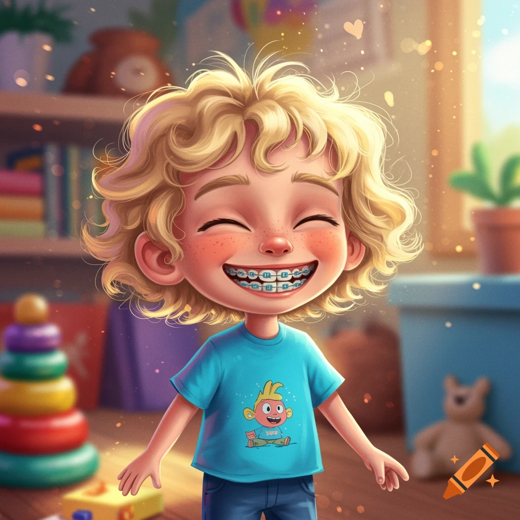 Whimsical illustration of a smiling child with braces in a room filled with toys.