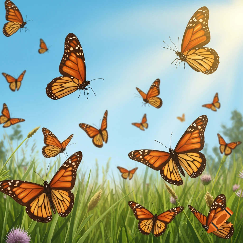 Monarch butterflies soar above green grass and flowers under a blue sky with sun.