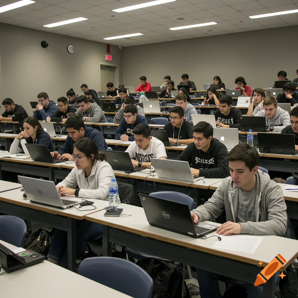 Many college students sit at desks in a lecture hall, using laptops.