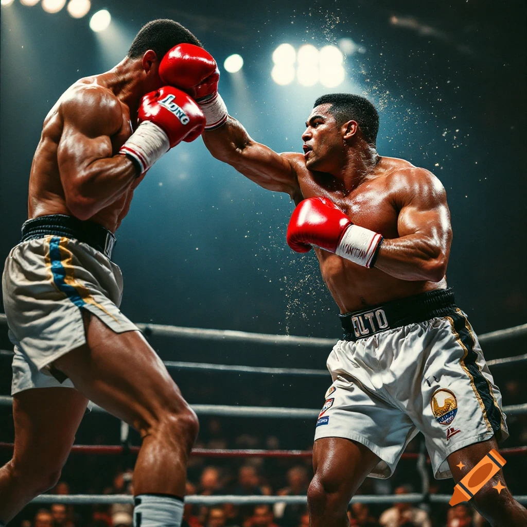 Two muscular boxers exchange punches in a dramatic fight under bright arena lights.
