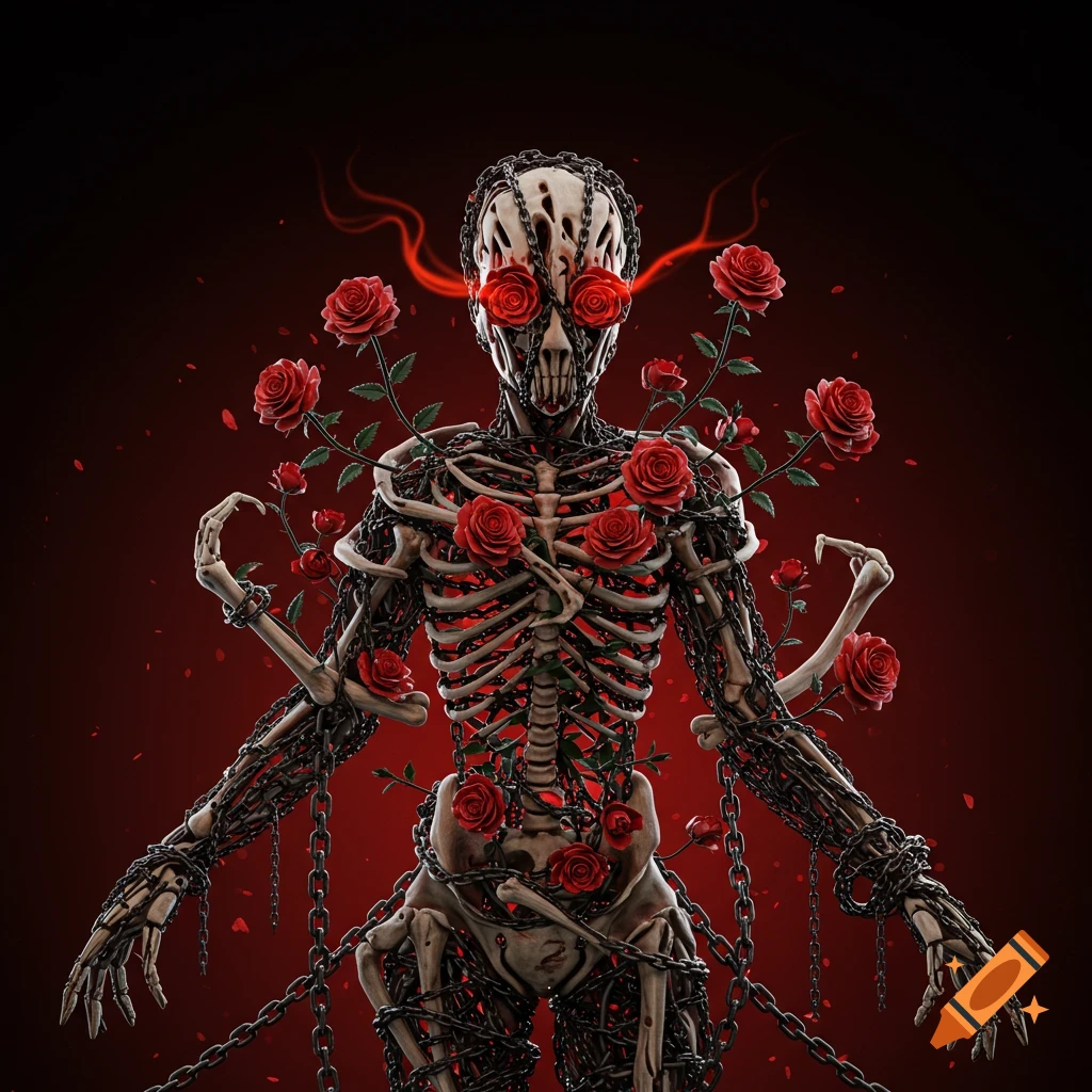 A skeletal figure made of chains with red roses growing from its body and glowing red eyes.