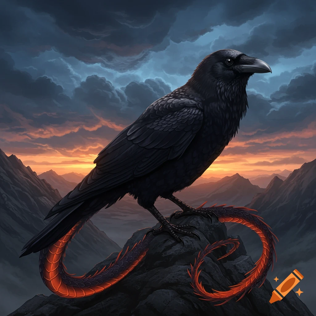 A black bird with red dragon tails perches on a rock at sunset over mountains.