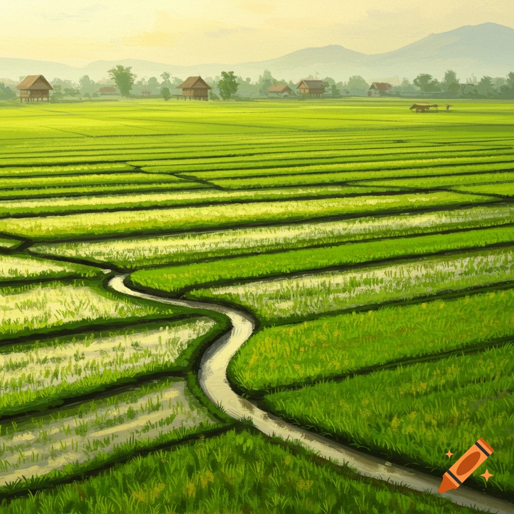 Green rice fields and houses with mountains