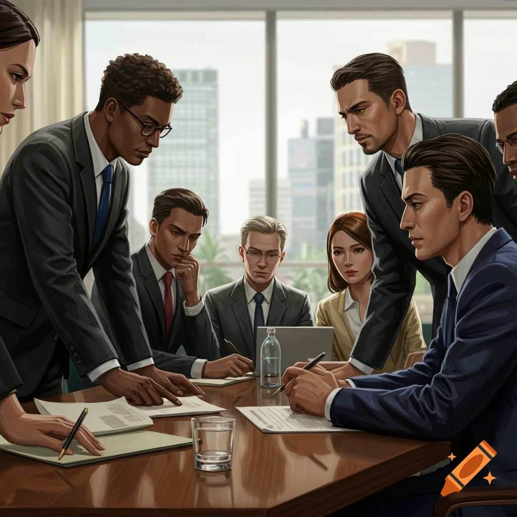 People in suits in a meeting looking at papers.