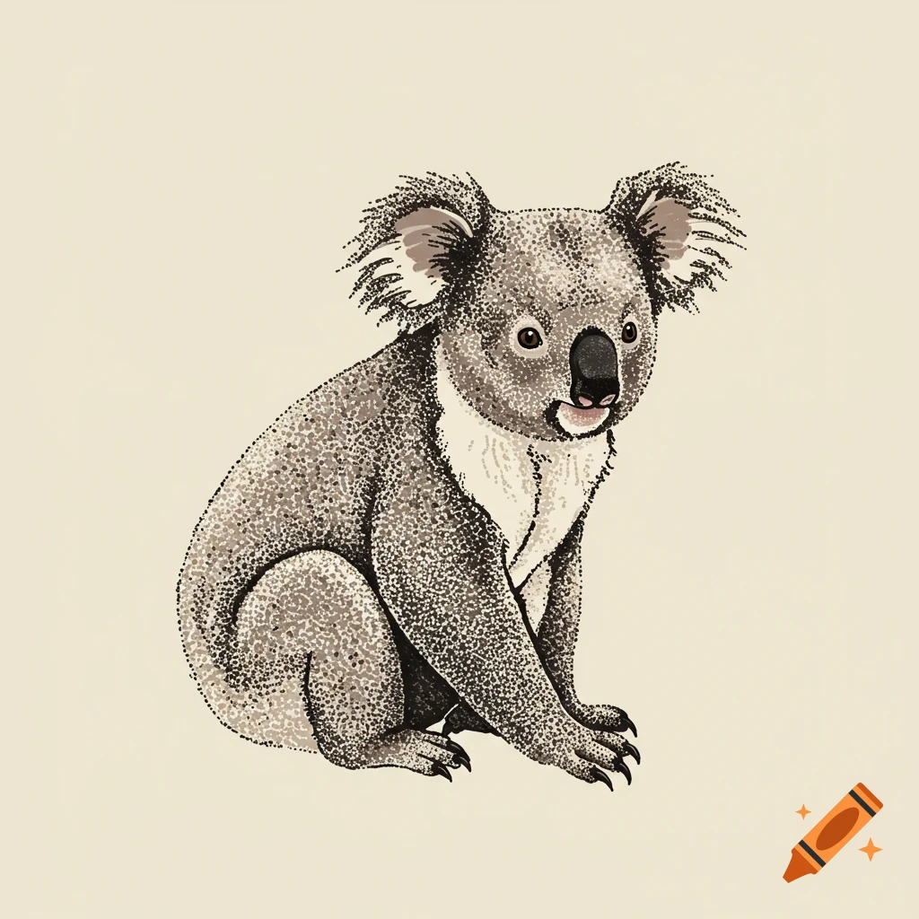 A stippled illustration of a seated koala.
