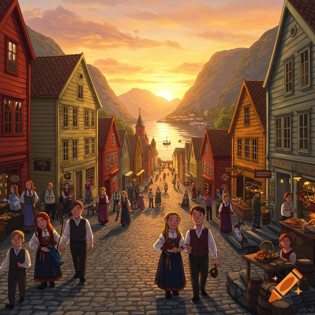 A crowded cobblestone street lined with colorful buildings, bustling with people in traditional clothing, opens up to a breathtaking view of a fjord and mountains bathed in the warm light of sunset.
