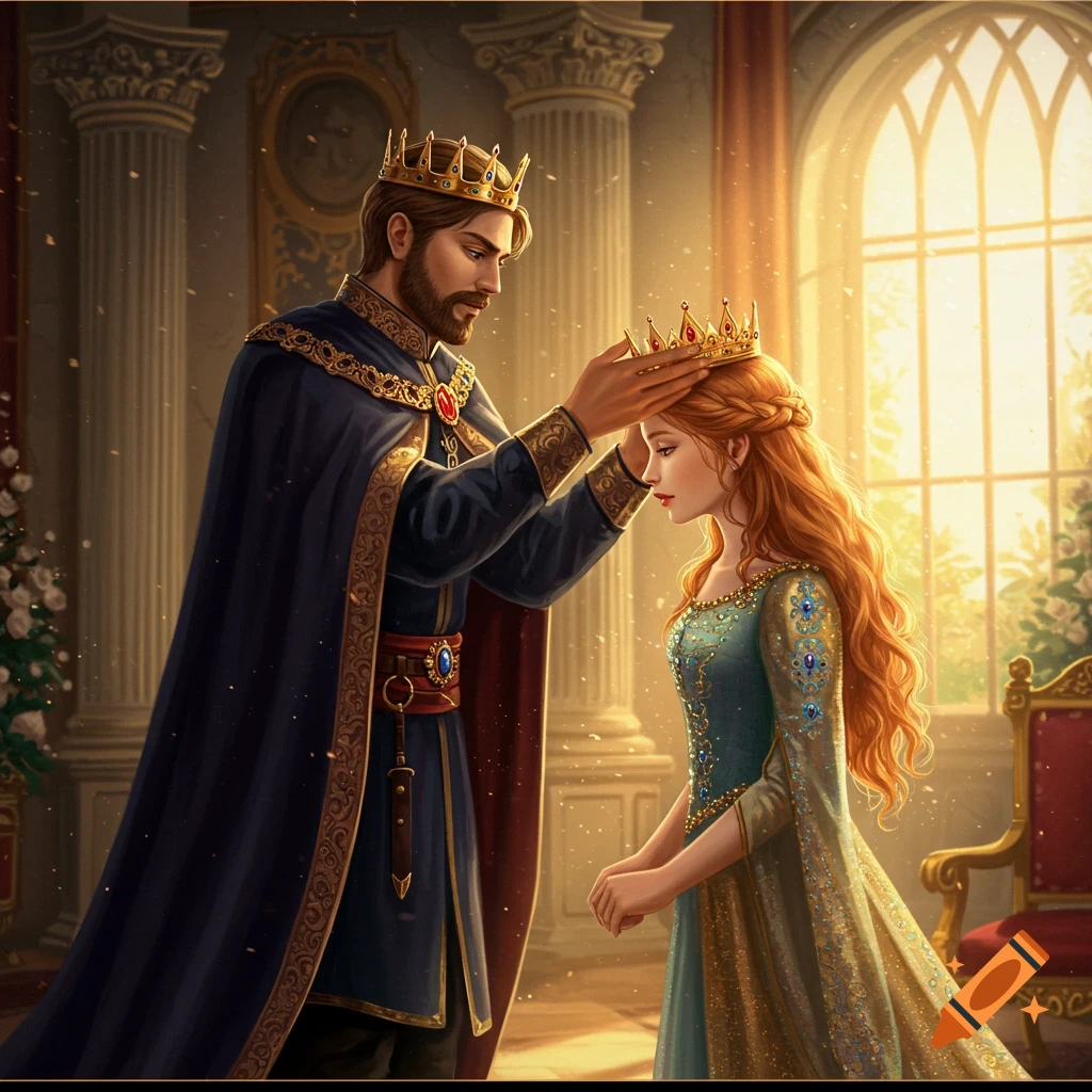 A king crowning a princess in a grand hall.