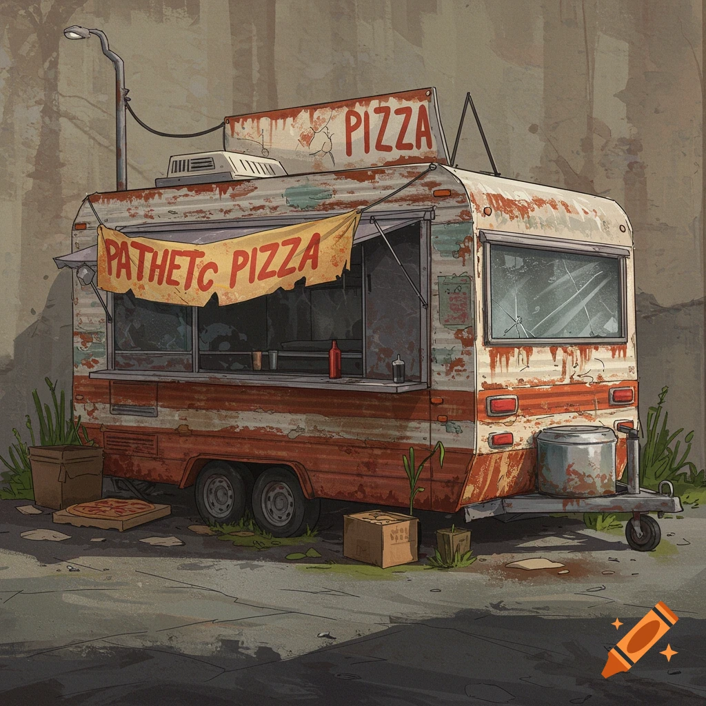 A dilapidated pizza food truck named 'Pathetic Pizza' parked outdoors.