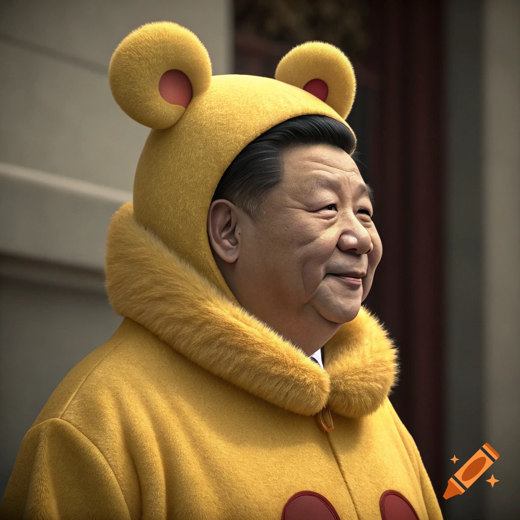 A person resembling Xi Jinping smiles while wearing a yellow animal costume with ears.