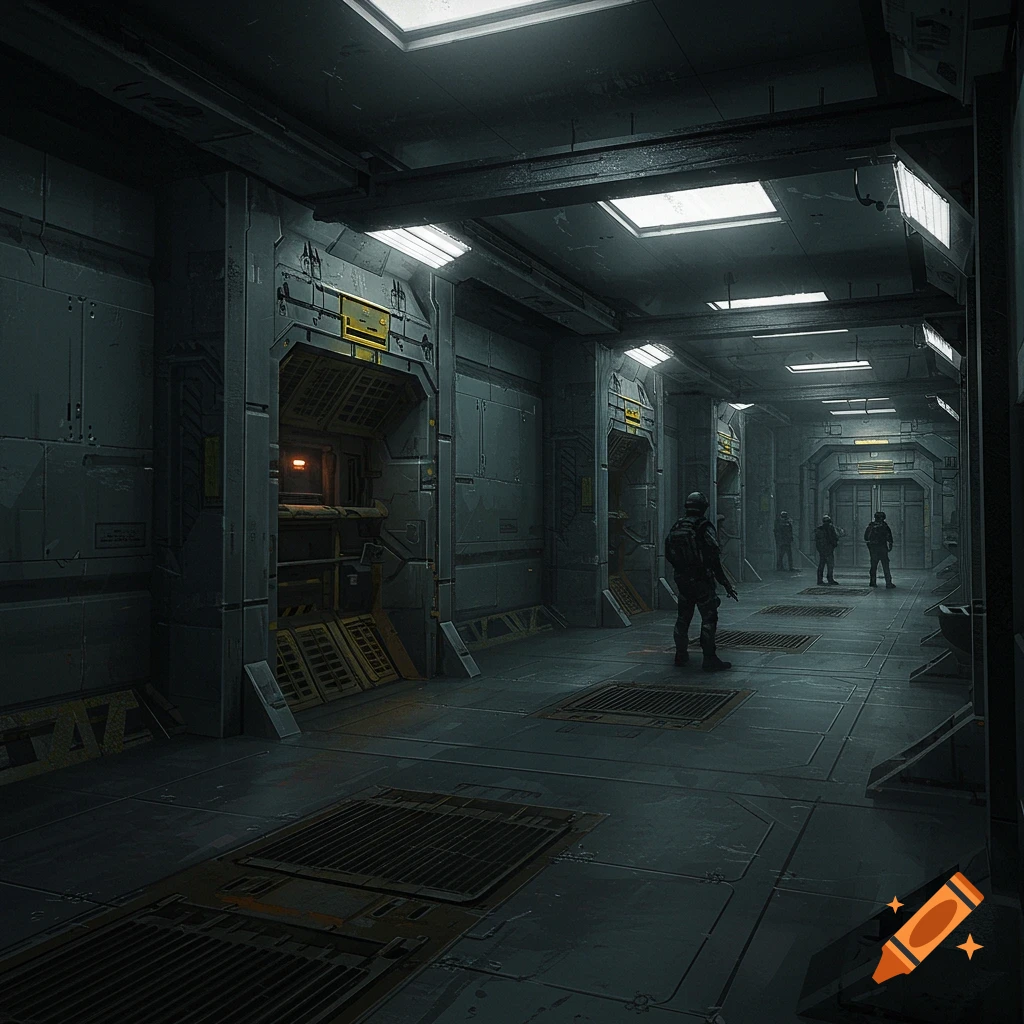 Soldiers standing in a futuristic military corridor.