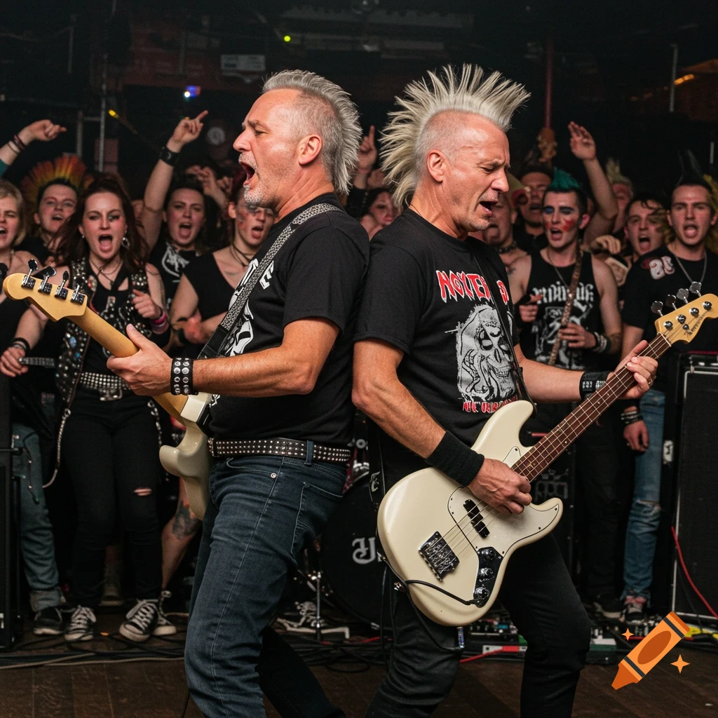 Two punk rock musicians with mohawks play guitar and bass on stage at a concert with a crowd behind them.