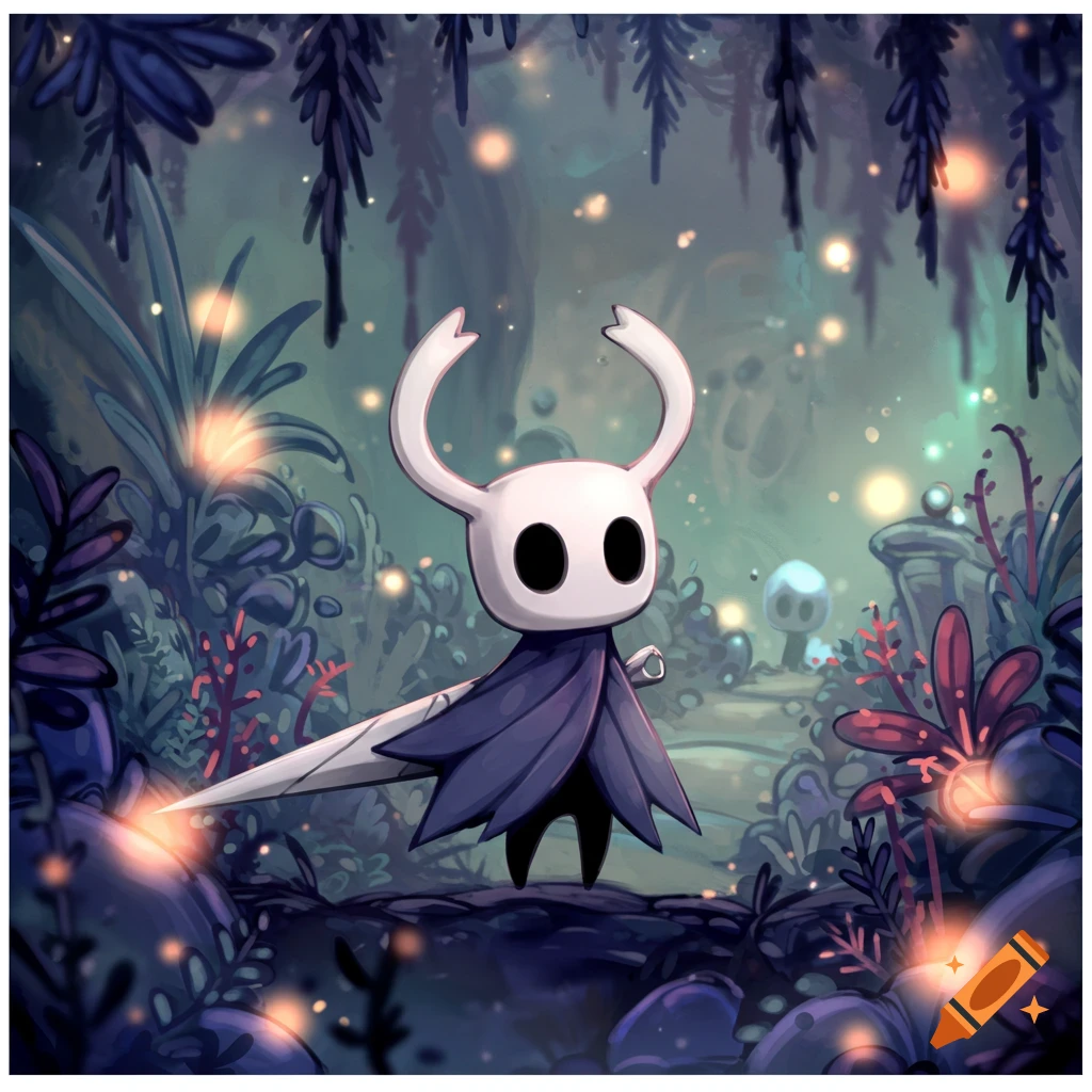 The Hollow Knight character stands in a glowing fantasy forest.