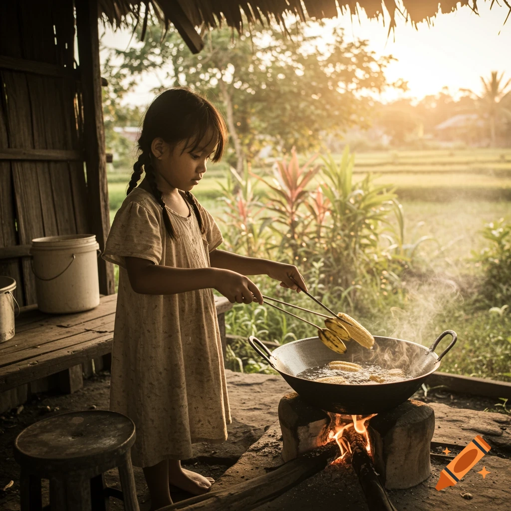 A young girl fries food in a wok over an open fire in a rustic outdoor setting at sunset.