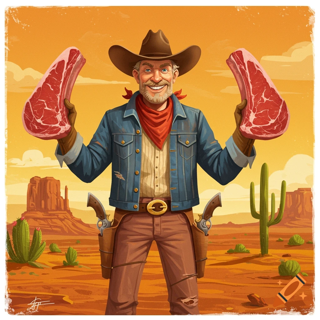 A cowboy in a desert holding two large raw steaks.