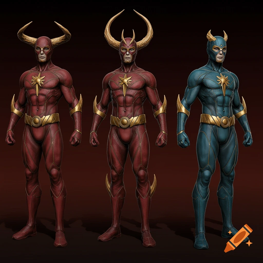 Three character designs for a superhero with horns, two red and one blue
