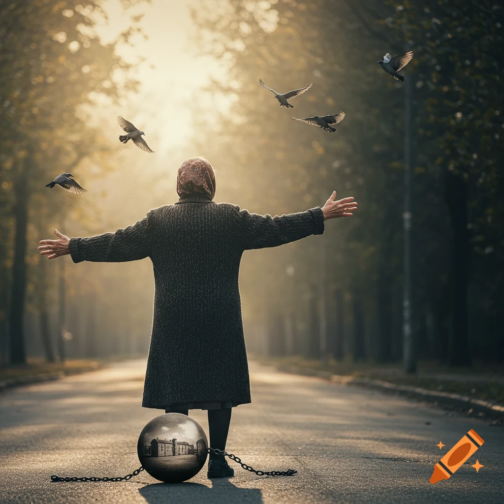 An old woman on a misty road, shackled by a ball reflecting a building, with outstretched arms as birds fly past.