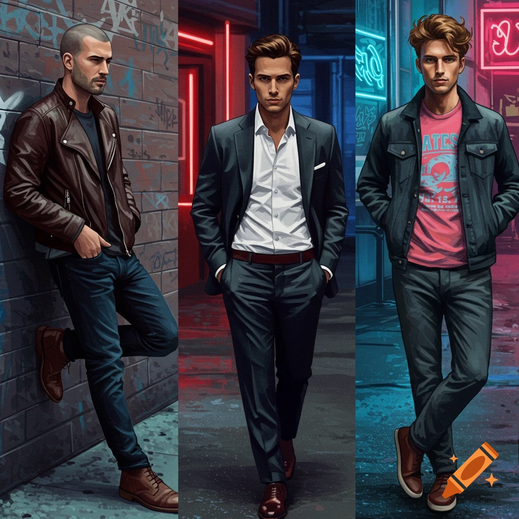 Three men in stylish outfits with neon lights and graffiti.