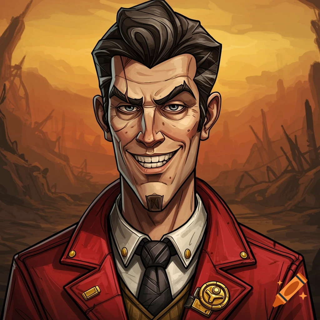 Stylized portrait of Handsome Jack in a red suit smirking against a dystopian landscape.