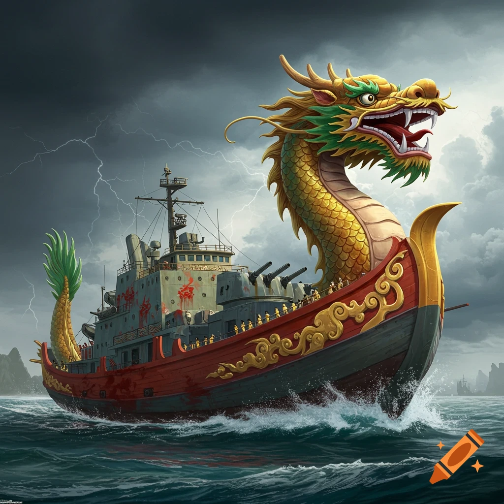 A warship designed with a large golden dragon head and tail sailing through stormy seas with lightning.