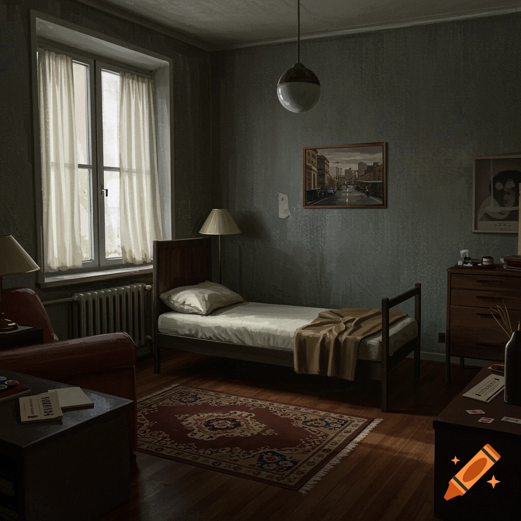 A small, vintage room interior with a bed, chair, and window, styled like a 1984 proles apartment.