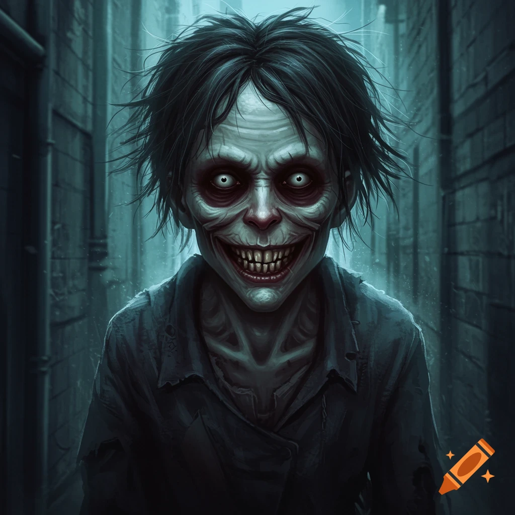 A creepy figure with pale skin and a wide grin stands in a dark alley.