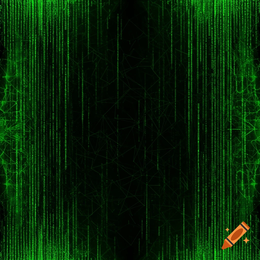 Digital art of falling green code characters on a black background.