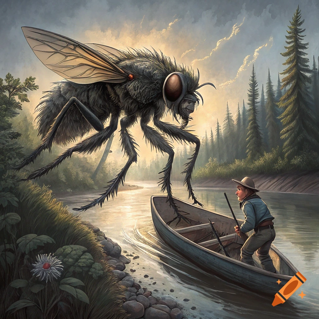 Giant fly attacks a person in a boat on a river