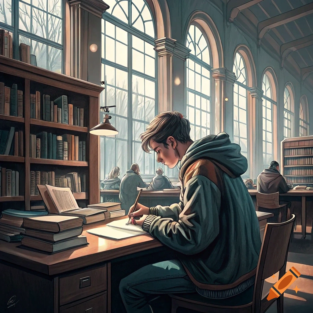 A person studies at a desk in a sunlit library with arched windows.