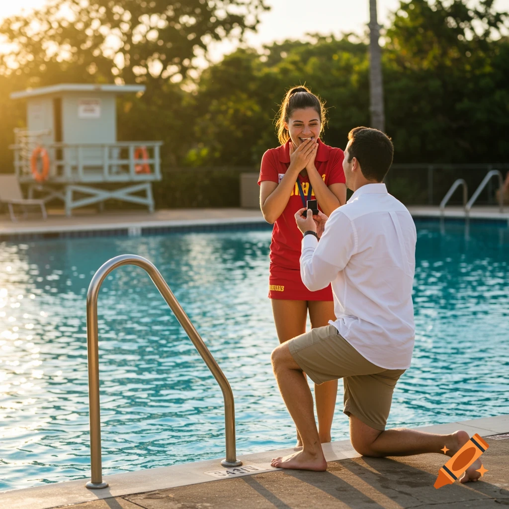 Man proposes to a woman lifeguard by a pool at sunset.