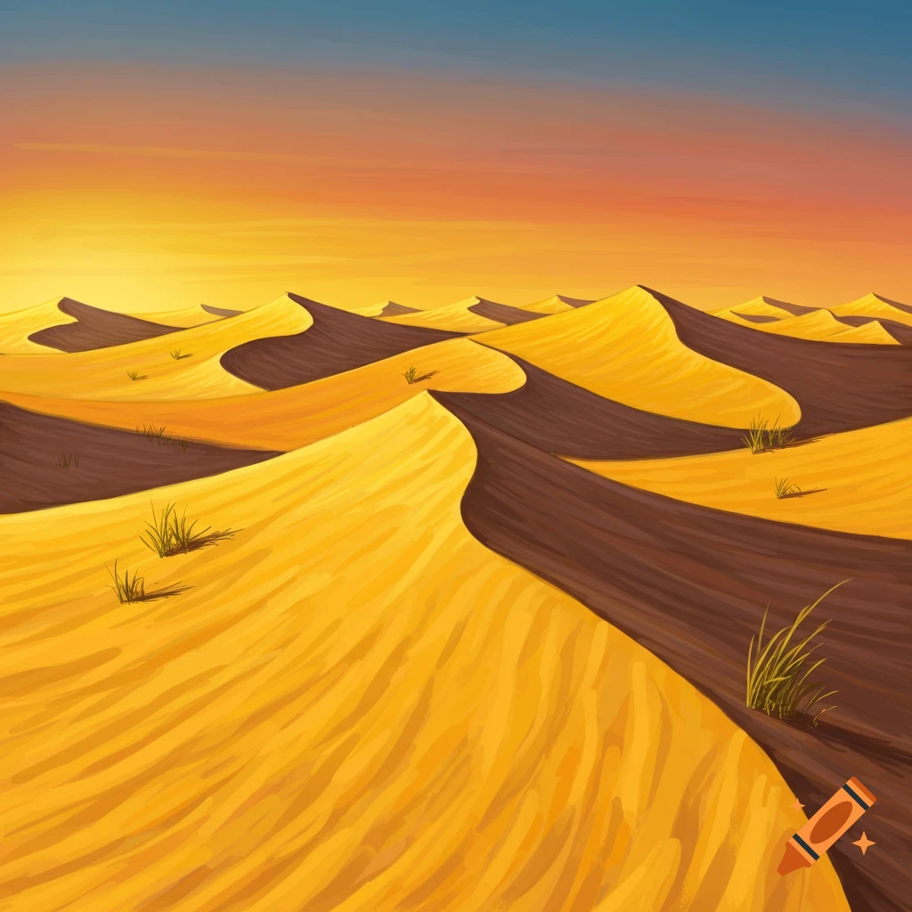 Rolling yellow sand dunes under an orange and blue sky.