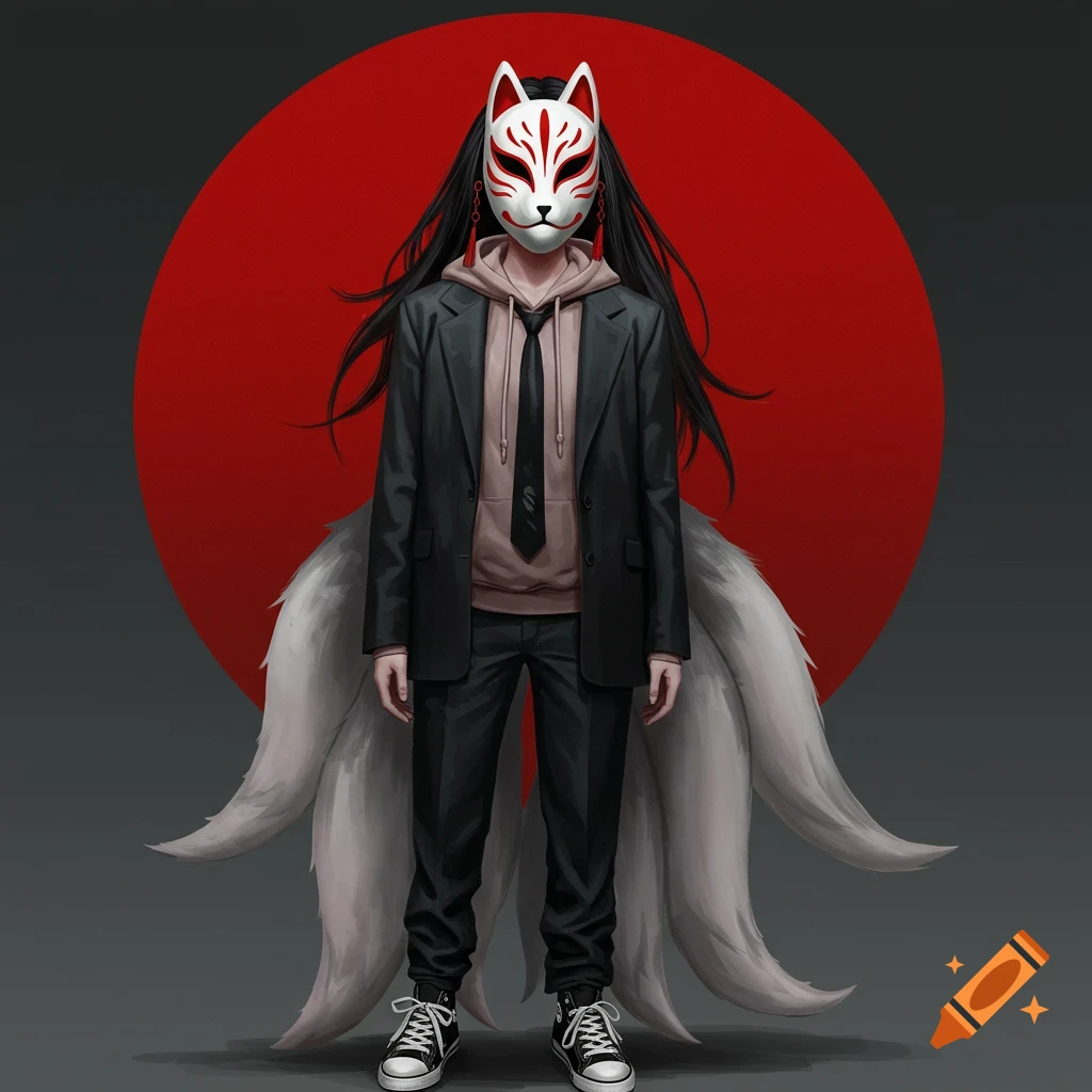 A person wearing a Japanese fox mask, suit, hoodie, and converse shoes, with multiple tails, stands against a red circle.