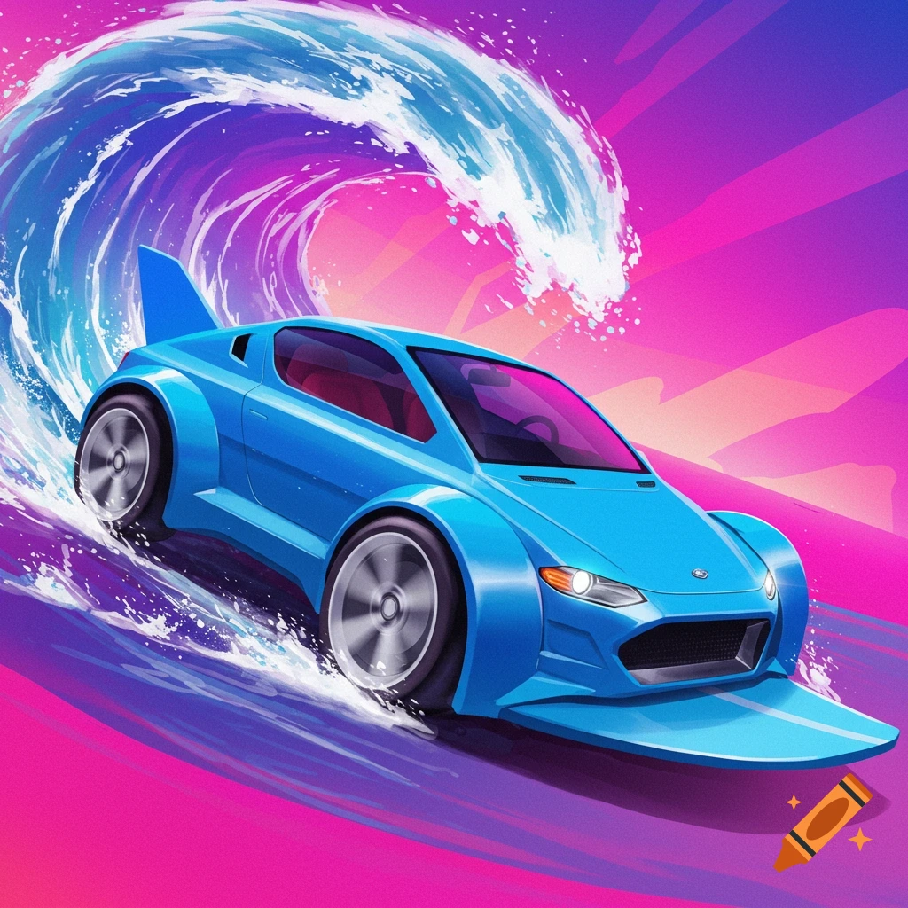 A blue futuristic car with a surfboard-like front surfs on a large wave against a vibrant pink and purple sky.