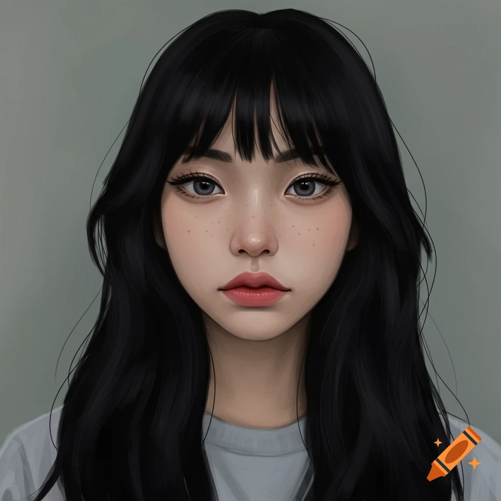 Portrait of a young woman with long black hair