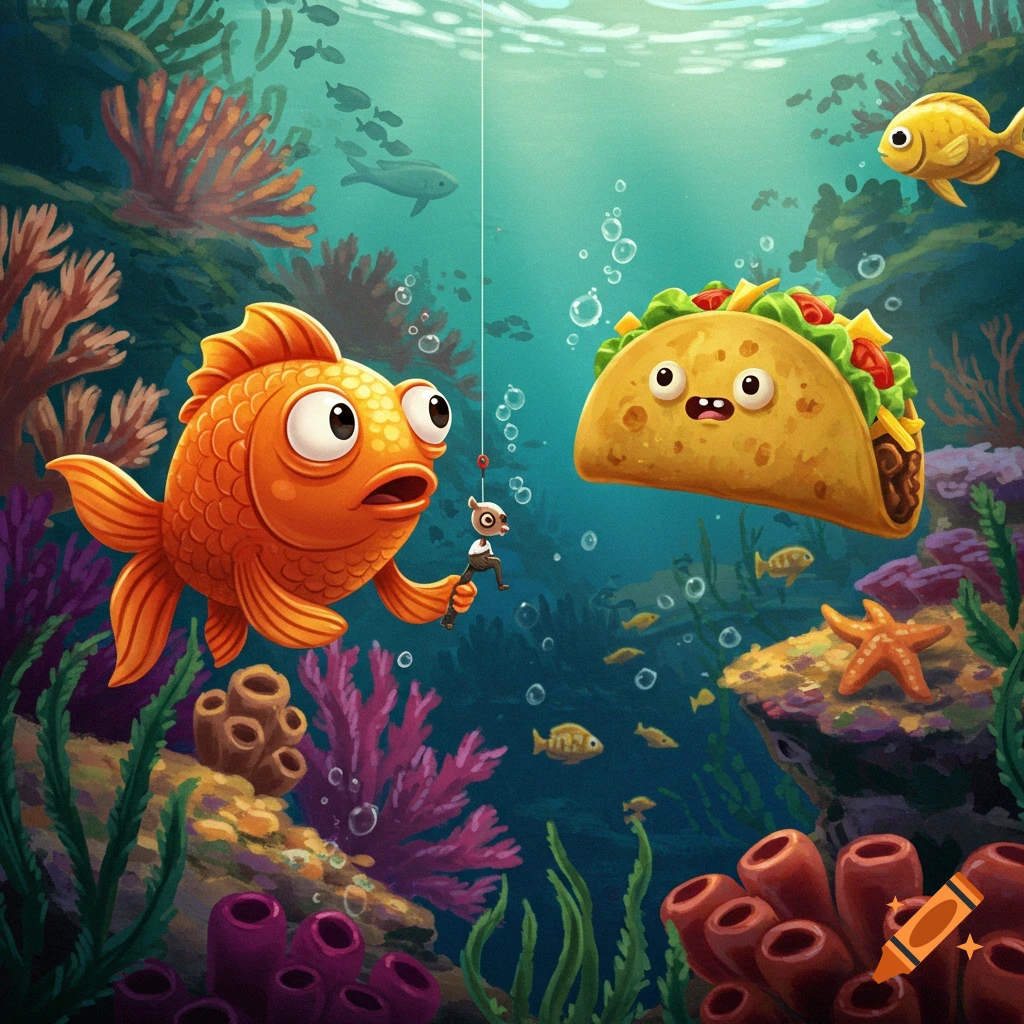 A cartoon fish fishes for a taco in a colorful coral reef underwater.