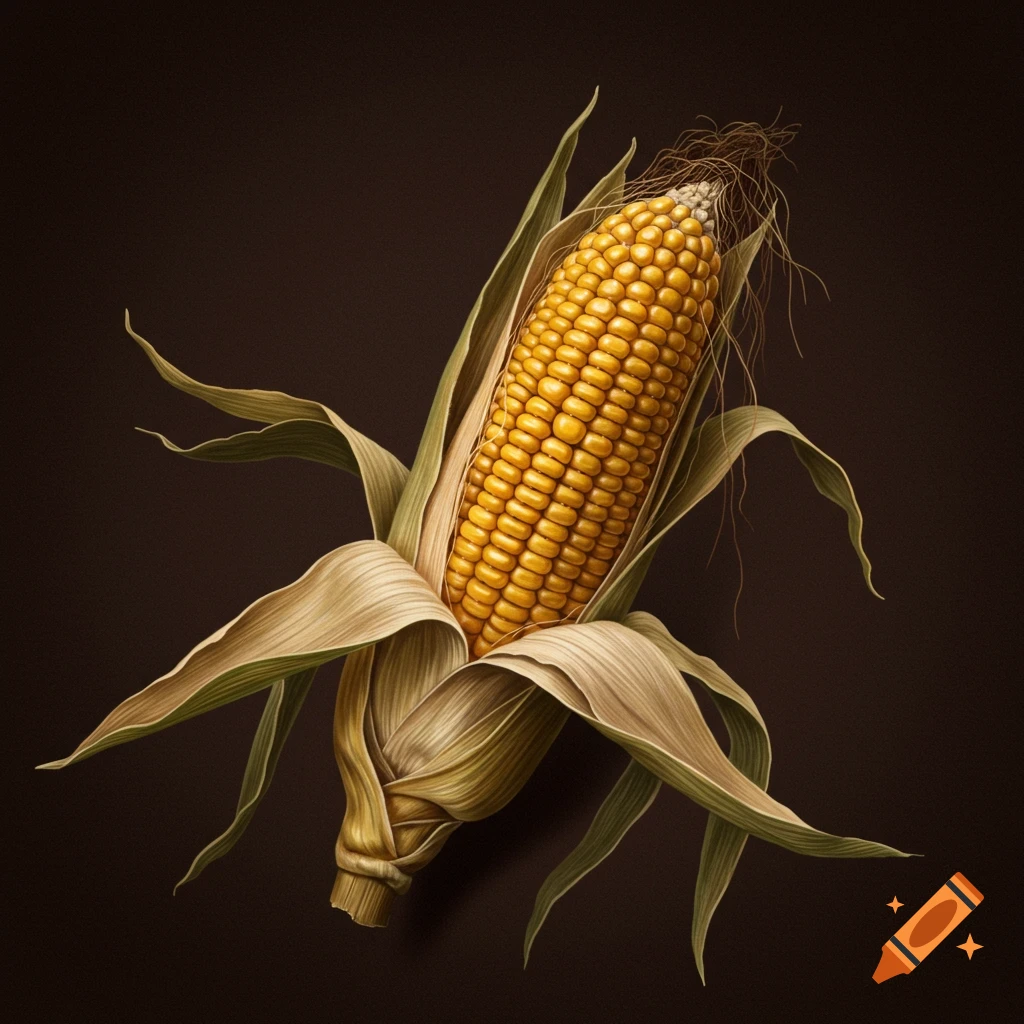 An ear of corn with husks against a dark background.