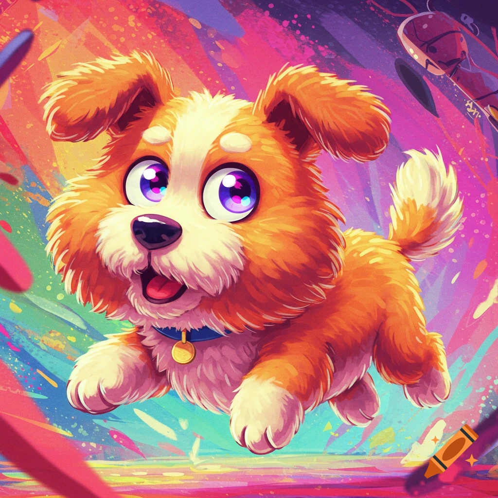 A fluffy cartoon dog with big purple eyes jumps against a vibrant, colorful, abstract background.
