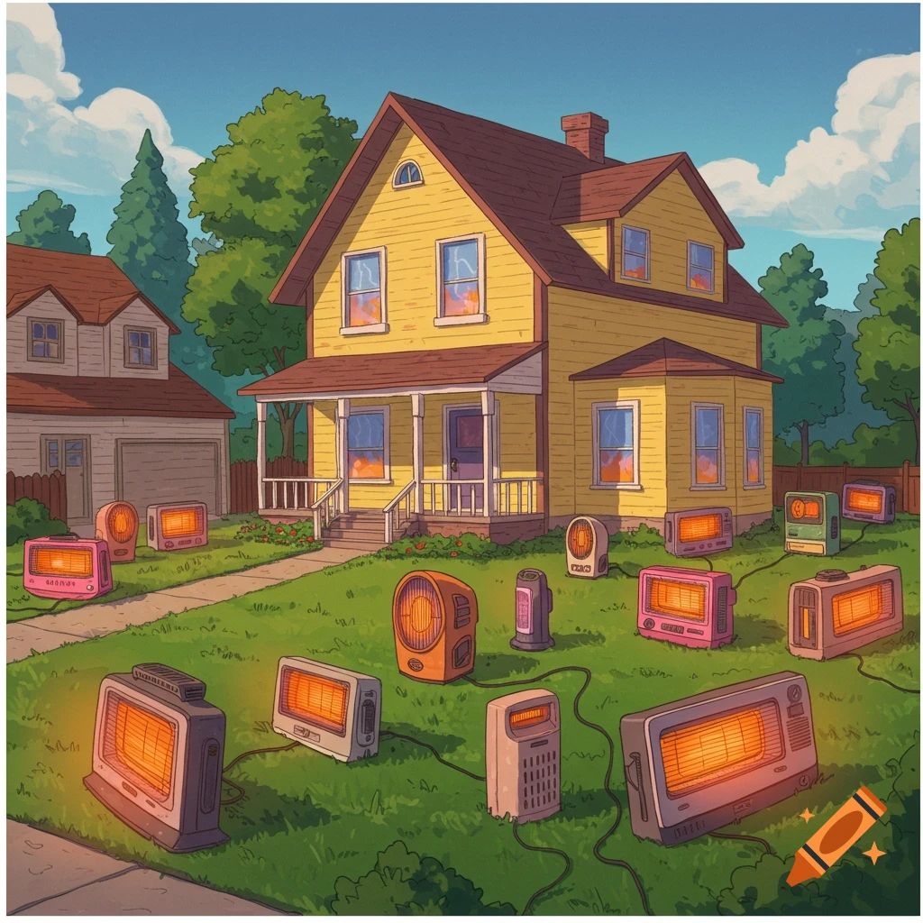 A suburban house with multiple portable heaters on the lawn.